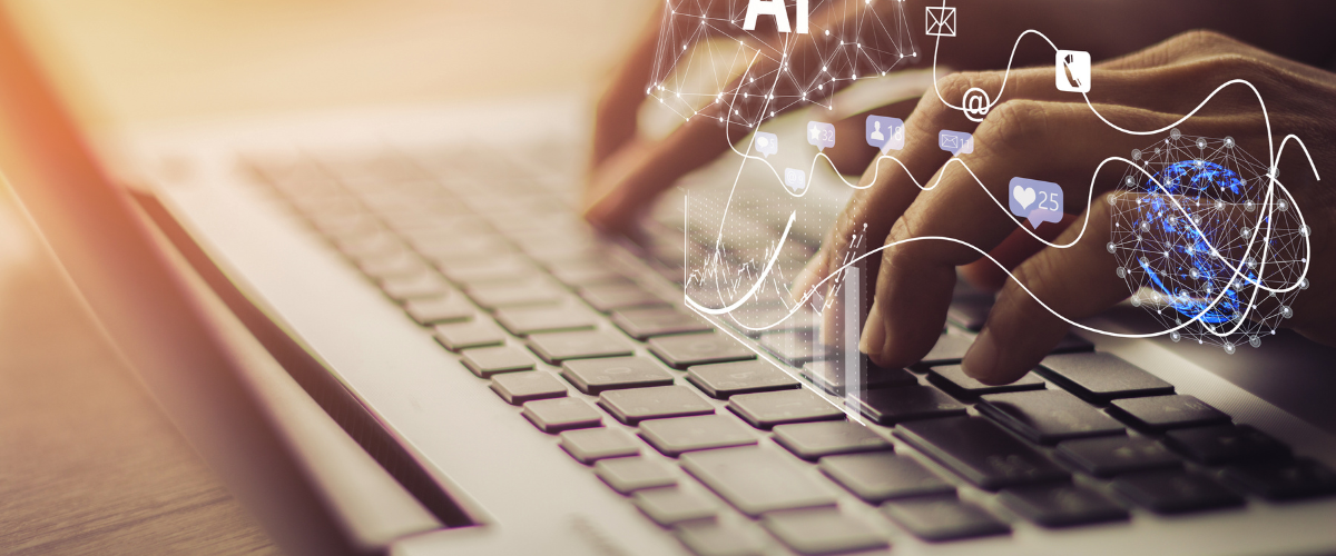 A visual image showcases tech trends for B2B marketers. The graphic displays icons signaling tech trends such as AI.