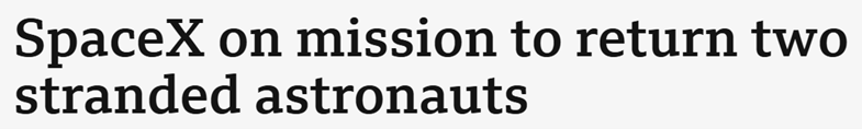 A headline detailing how Elon Musk's SpaceX is on a mission to return two stranded astronauts to Earth