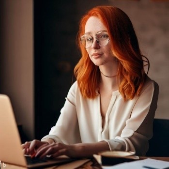 AI image of woman with ginger hair typing on her laptop

